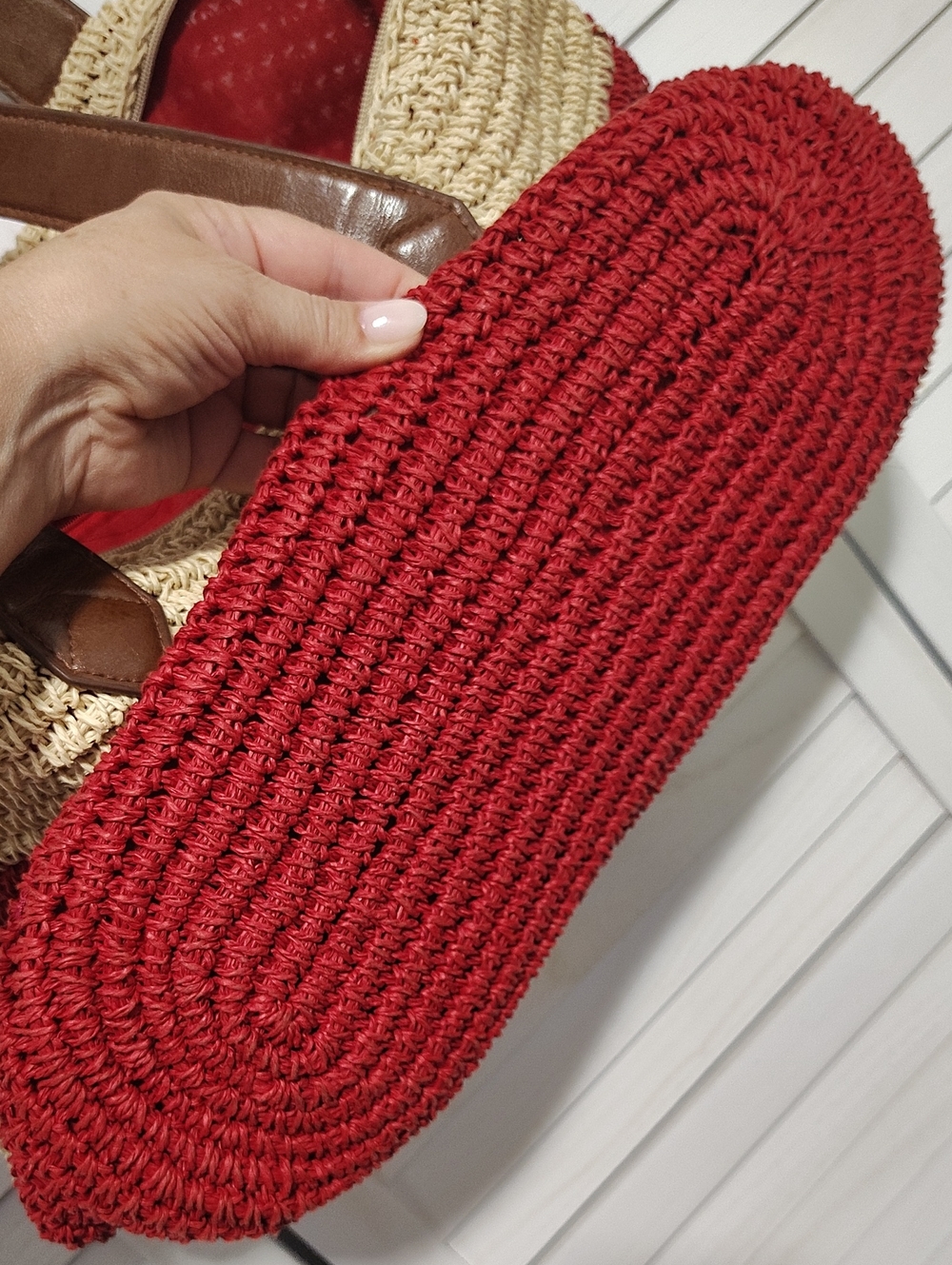 Sun and Sail Striped Red and Cream Woven Tote with Brown Leather Handles - Picture 4 of 9